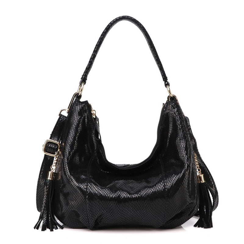 100% Real Leather Shoulder Bag Metallic Color Serpentine Embossed Handbag Female Casual Stylish Tote Hobos Cross Body Bags New